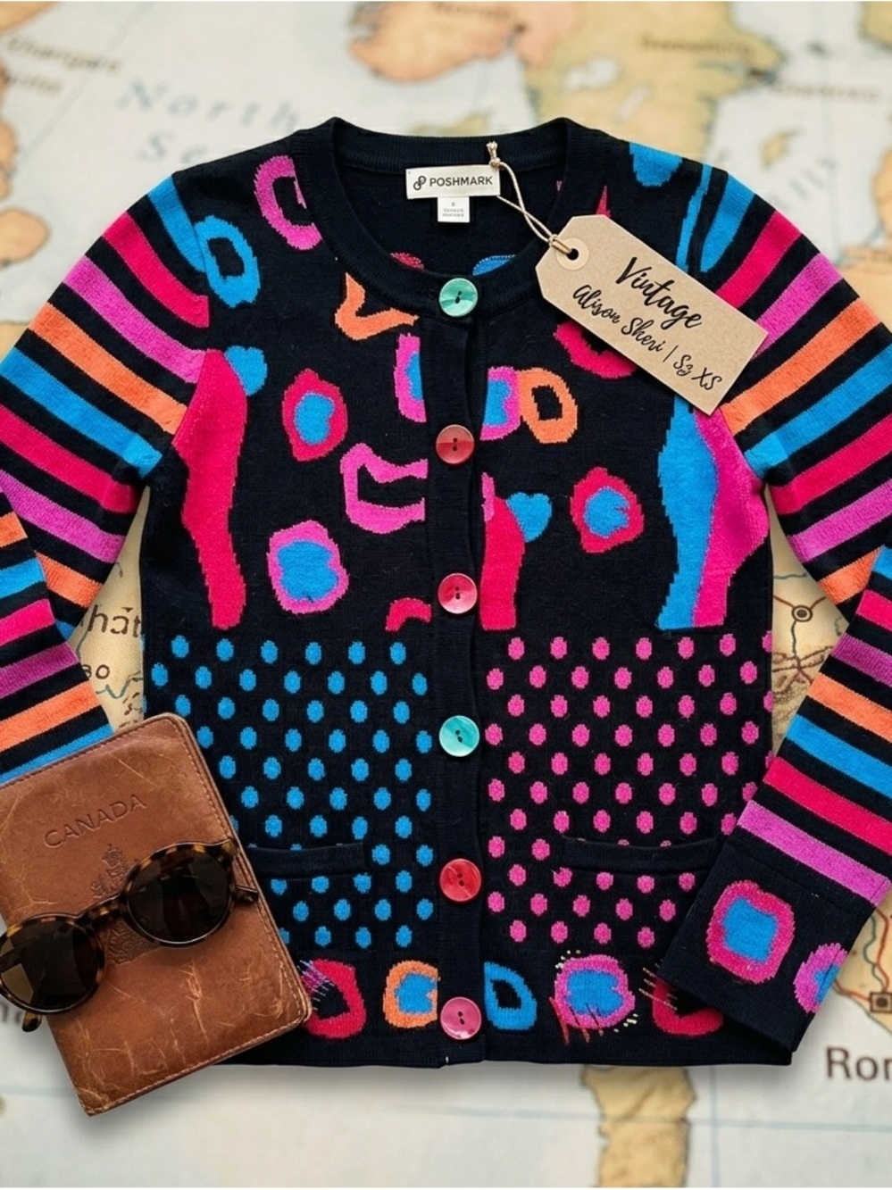 ✈️ Vintage Alison Sheri Vibrant Mixed-Pattern Cardigan - Size XS